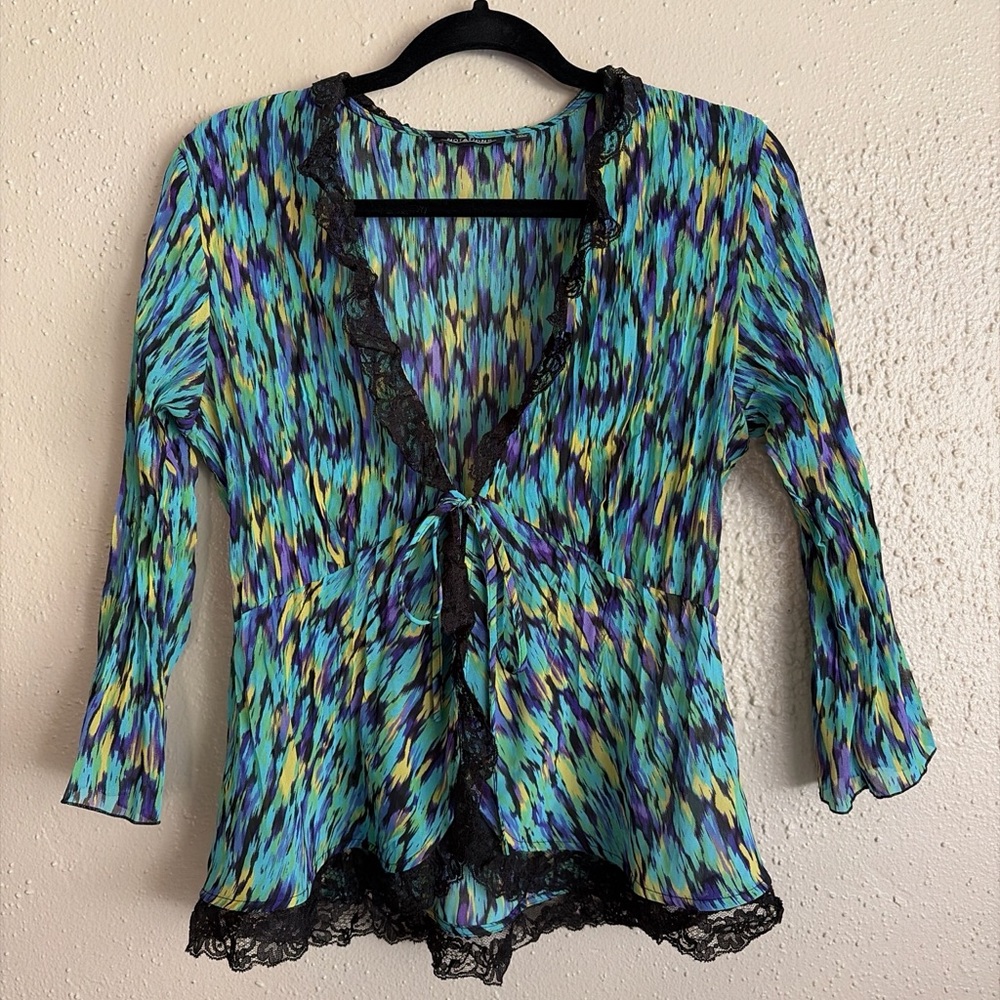 Notations Blue and Green Patterned Blouse with Black Lace